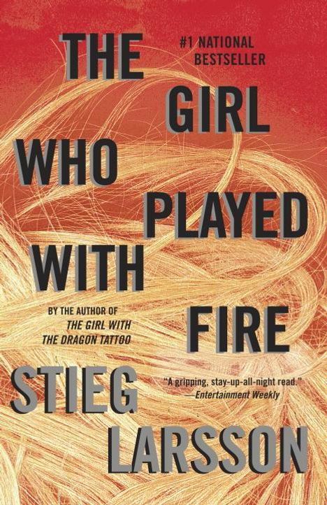 "The Girl Who Played With Fire" in schwarzem Text vor einem Hintergrund aus gelben, wirbelnden Flammenlinien.
