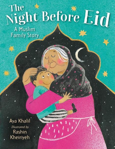 Titel: "The Night Before Eid: A Muslim Family Story". Eine ältere Frau umarmt liebevoll ein Kind.