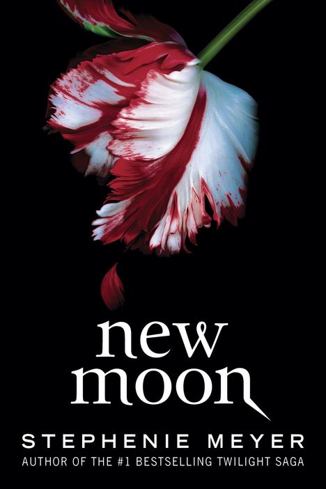 Text "new moon" und "Stephenie Meyer" vor schwarzem Hintergrund. Illustration einer roten Tulpe mit weißen Akzenten.