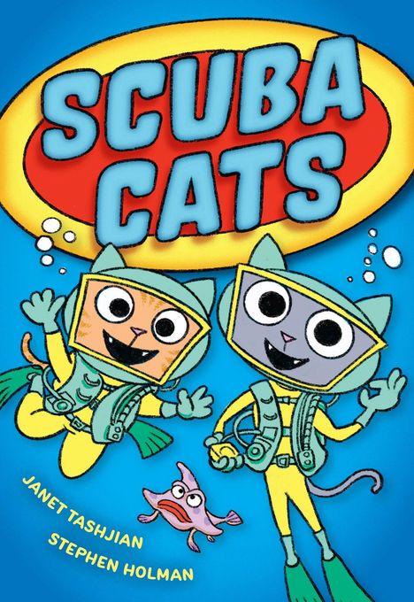 "SCUBA CATS" in großer Schrift. Darunter zwei fröhliche Katzen im Taucheranzug und ein lila Fisch.