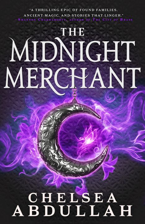 "The Midnight Merchant" von Chelsea Abdullah. Verzierter Halbmond mit lila Rauch auf schwarzem Hintergrund.