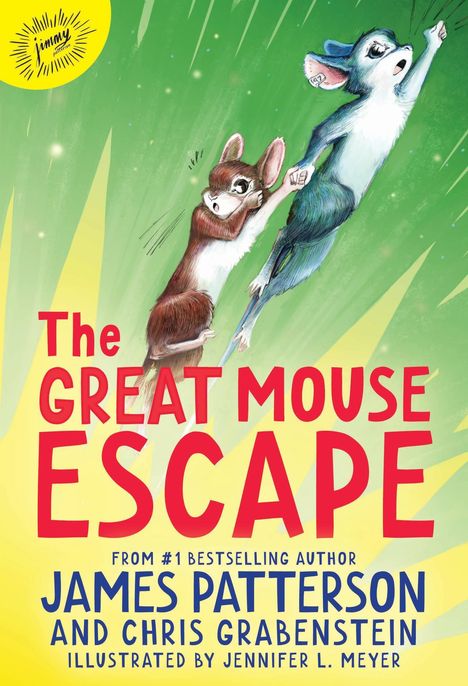 "The Great Mouse Escape." Zwei Mäuse fliegen durch die Luft, eine hält sich an der anderen fest. Hintergrund in Grün.
