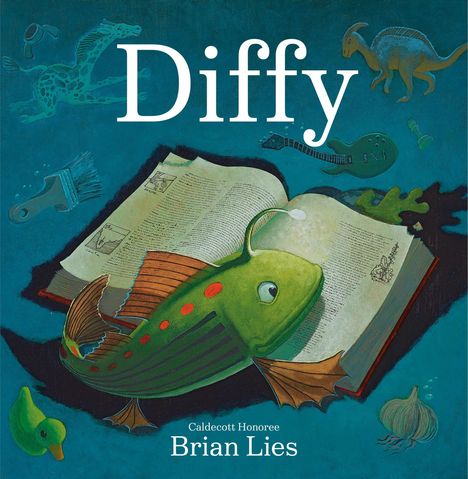 Text: "Diffy", "Caldecott Honoree", "Brian Lies". Illustration: Ein Fisch schwimmt über ein aufgeschlagenes Buch.