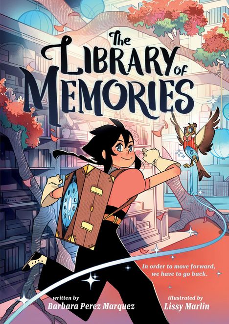 „The Library of Memories“ auf einem Buchcover. Ein Junge mit Rucksack springt eine Treppe hinunter, begleitet von einer Eule.
