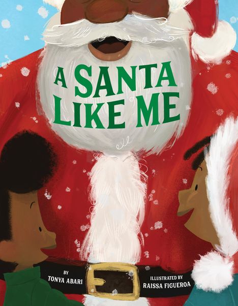 "A Santa Like Me" in grüner Schrift, darunter Figuren mit dunkler Haut vor einem lächelnden Weihnachtsmann mit rotem Anzug.