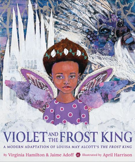 „Violet and the Frost King“ steht in großen Buchstaben. Ein Kind mit Flügeln und ein winterlicher Hintergrund sind zu sehen.