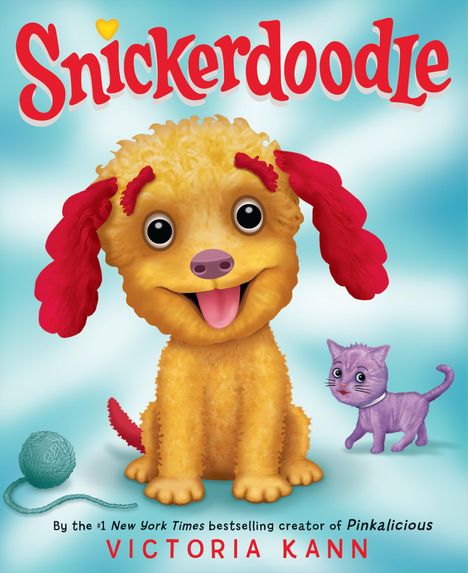 "Snickerdoodle" in roter Schrift. Illustration: Gelber Hund mit roten Ohren, lila Katze daneben, blaue Wolle unten links.