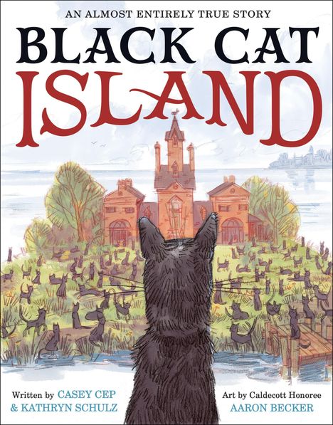 „AN ALMOST ENTIRELY TRUE STORY - BLACK CAT ISLAND“. Eine schwarze Katze schaut auf eine Insel mit vielen Katzen.