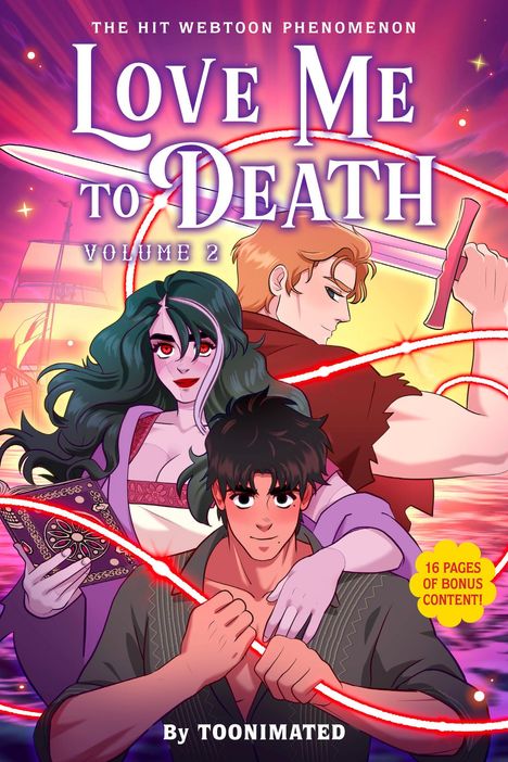 "LOVE ME TO DEATH, VOLUME 2" oben. Darunter drei Figuren: ein Mann mit Schwert, eine Frau mit Buch und ein anderer Mann.