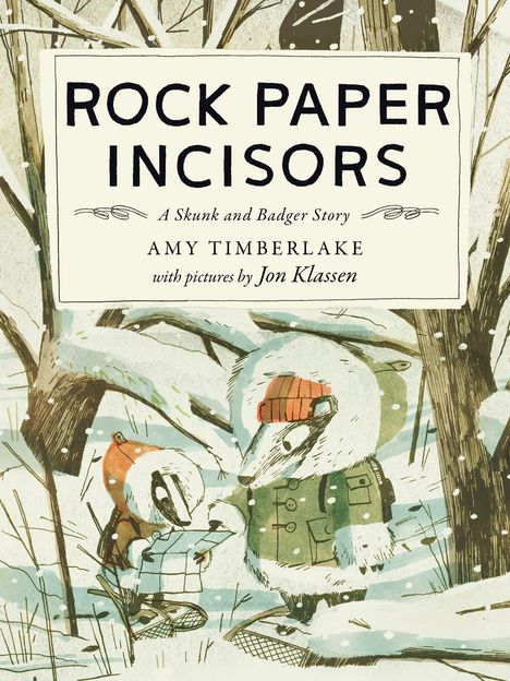 „ROCK PAPER INCISORS“: Ein Buchcover mit Tieren im Schnee. Ein Dachs und ein Stinktier betrachten eine Karte.