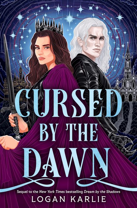 „Cursed by the Dawn“ steht groß in der Mitte. Zwei Figuren mit dunkler Kleidung, eine Krone, ein Schwert, gotische Gebäude.