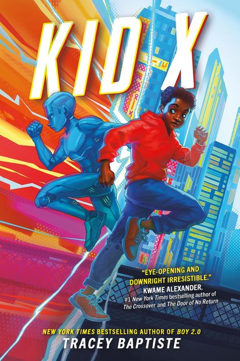 "KID X", dynamische Illustration eines Jungen in roter Jacke, der neben einem blauen Roboter durch eine bunte Stadt rennt.