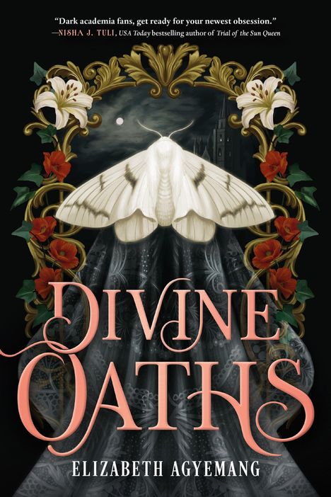 "Divine Oaths" von Elizabeth Agyemang. Ein prächtiger Nachtfalter vor einer gotischen Kulisse mit Blumenverzierungen.