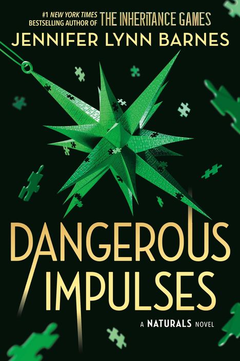 Text: Jennifer Lynn Barnes, Dangerous Impulses. Grüner Puzzle-Stern in einem dunklen Hintergrund mit anderen Puzzleteilen.
