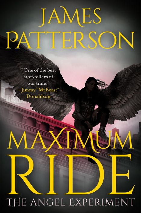 Der Text lautet: "JAMES PATTERSON, MAXIMUM RIDE, THE ANGEL EXPERIMENT." Eine Figur mit Flügeln sitzt auf einem Gebäude.