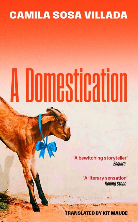 Titeltext: "A Domestication". Ein Ziegenbock mit blauem Band vor orange-weißem Hintergrund.