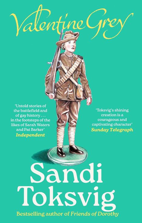 "Valentine Grey", Zitate von „Independent“ und „Sunday Telegraph“, Autor: Sandi Toksvig. Soldatenillustration in Uniform.