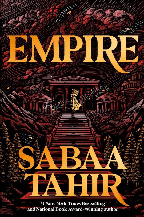 "EMPIRE, SABAA TAHIR" in großen Buchstaben. Illustration einer Frau auf einer Treppe, die zu einem Tempel führt, umgeben von Bergen.