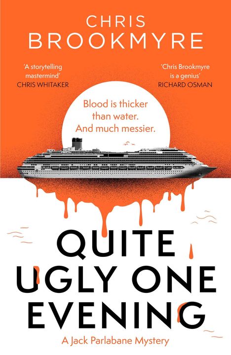 Titel: "Quite Ugly One Evening". Ein Kreuzfahrtschiff über einem weißen Kreis mit orangem Hintergrund.
