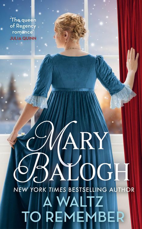 "Mary Balogh, A Waltz to Remember" steht groß. Eine Frau im blauen Kleid schaut aus einem Fenster in einem verschneiten Raum.