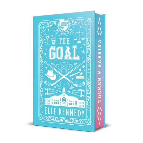 Blaues Buchcover, Text: "The Goal", "Elle Kennedy", "Off-Campus #4". Symbole: Cowboyhut, Hockeyschläger, Bär, Justizwaage.