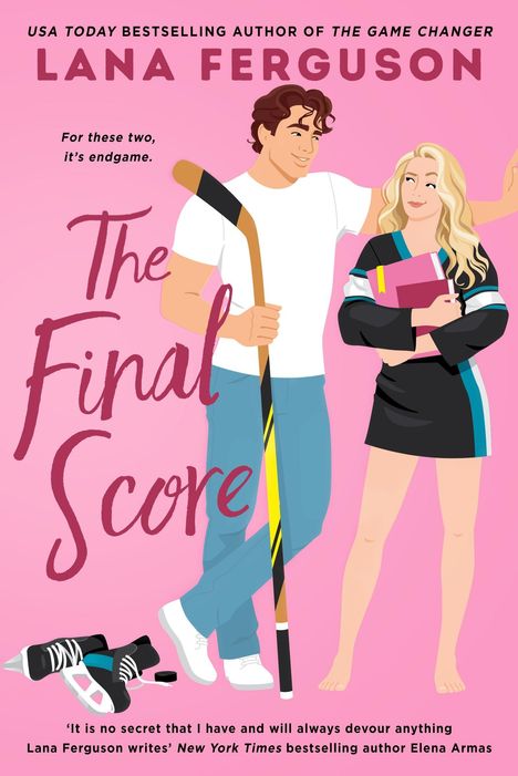 Titel: The Final Score. Illustration: Ein Mann mit Hockeyschläger und Frau mit Büchern auf pinkem Hintergrund.