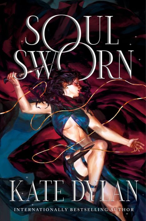 Texte: "SOUL SWORN", "KATE DYLAN", "INTERNATIONALLY BESTSELLING AUTHOR". Illustration: Frau, dynamische Pose, rotes und blaues Gewand.