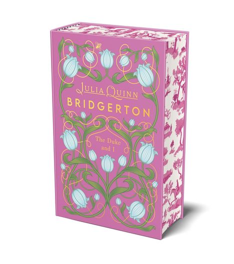 „Julia Quinn, Bridgerton: The Duke and I“. Buch mit rosa Cover, blauen Blumen und grünen Ranken verziert.