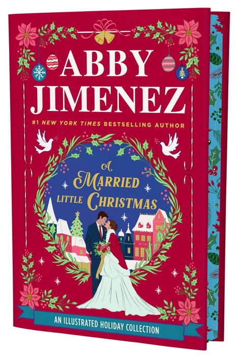 "Abby Jimenez. A Married Little Christmas. An Illustrated Holiday Collection." Rotes Cover mit Weihnachtsschmuck und Brautpaar.