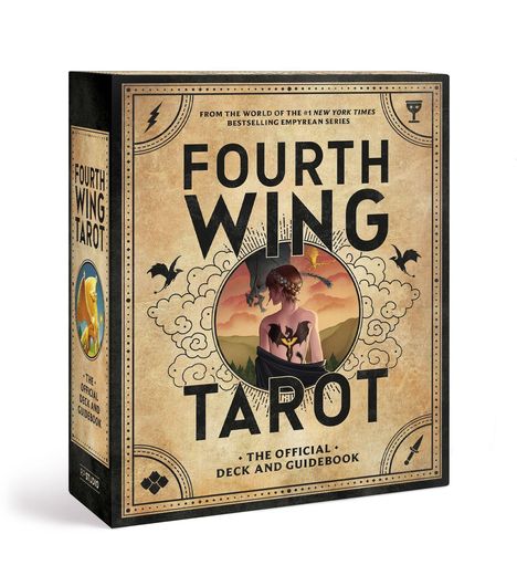 „Fourth Wing Tarot: The Official Deck and Guidebook“. Illustration: Frau mit Drachenrücken, Wolken, fliegende Drachen.