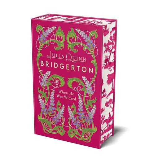 Text: Julia Quinn, Bridgerton, When He Was Wicked. Buch mit floralem, grünem und lila Muster auf pinkem Hintergrund.