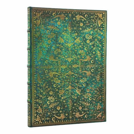 Kein Text. Ein grünes Buch mit aufwendigem goldenen Pflanzenmuster, detailliert und ornamental gestaltet.