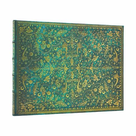 Ein kunstvolles Buchcover mit goldenen, verschnörkelten floralen Mustern auf einem grünen Hintergrund.