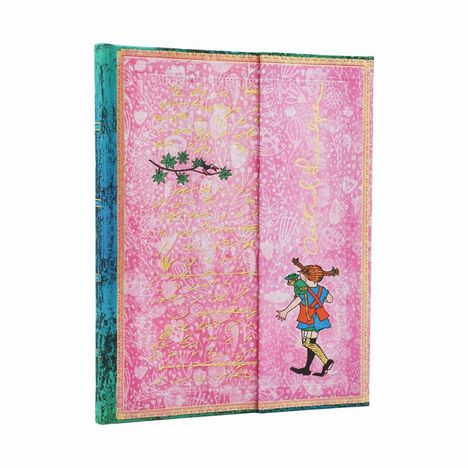 Goldene Schrift auf rosa Hintergrund, Illustration eines Mädchens mit Pferdeschwanz, trägt grünes Männchen auf dem Rücken.