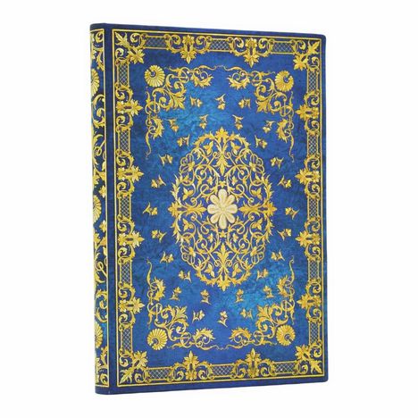 Keine erkennbaren Texte. Ein reich verziertes, goldenes Blumenmuster auf blauem Hintergrund, dekorativer Umschlag.