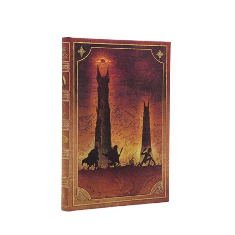 Buchumschlag mit den Worten "Lord of the Rings". Zwei dunkle Türme, mit Figuren davor in einer roten, mystischen Landschaft.