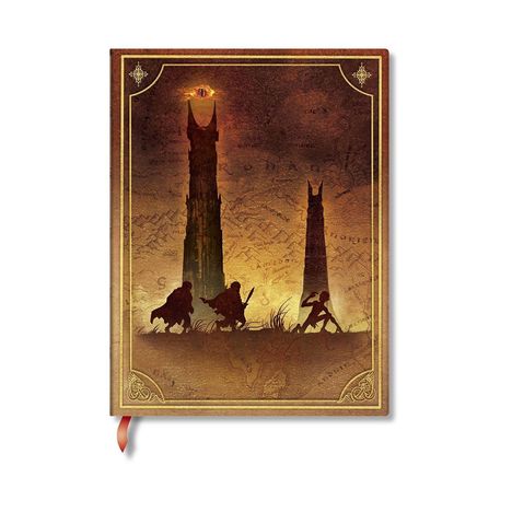 Ein goldener Rahmen umgibt zwei hohe Türme und drei sich fortbewegende Figuren. Ein Auge sieht vom Turm herab.