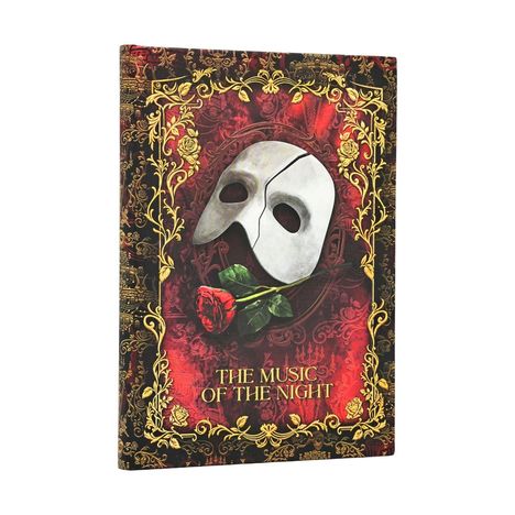 "The Music of the Night" steht auf einem roten Hintergrund mit goldenen Verzierungen, Maske und Rose in der Mitte.