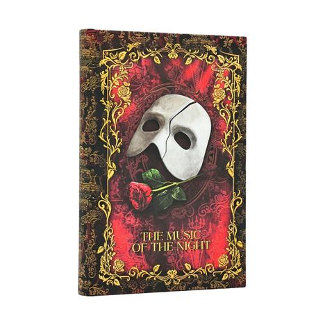 Text: "THE MUSIC OF THE NIGHT". Eine weiße Maske mit roter Rose, umrahmt von goldenen Mustern auf rotem Hintergrund.