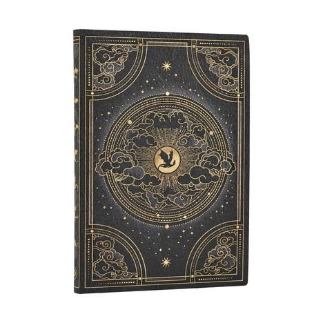 Kein Text vorhanden. Buchcover mit goldenen Verzierungen, zeigt einen Vogel umgeben von Wolken und Sternen in einem kunstvollen Design.