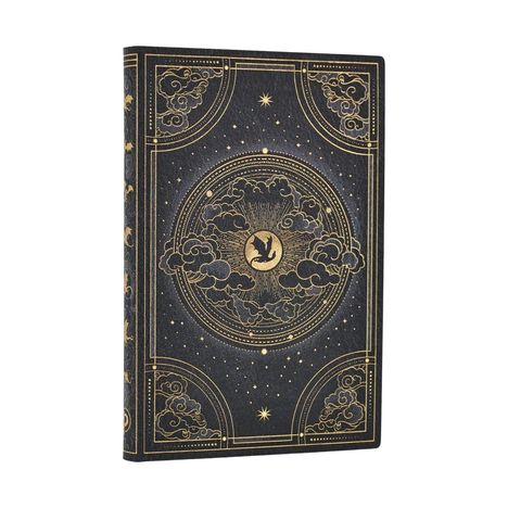 Kein Text vorhanden. Goldene Ornamente mit einem Vogel und Sternen in der Mitte, umgeben von Wolken und einem strahlenden Kreis.