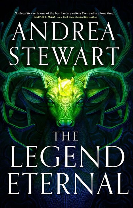Text: „ANDREA STEWART THE LEGEND ETERNAL“. Ein Hirsch mit leuchtendem grünen Geweih vor dunklem Hintergrund.