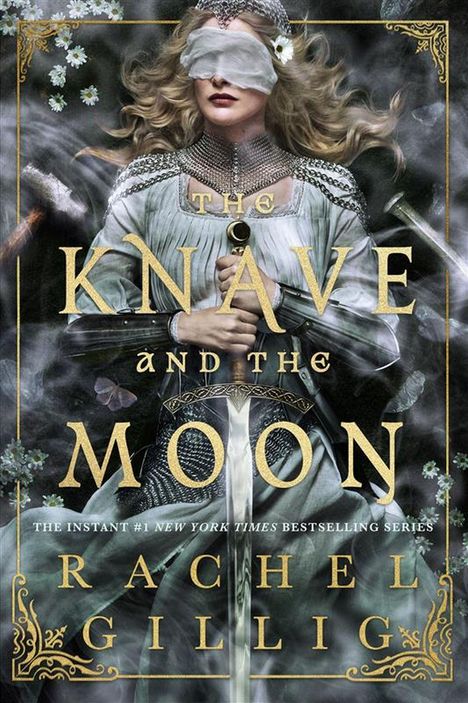 „THE KNAVE AND THE MOON“ von Rachel Gillig. Eine Frau mit verbundenen Augen hält ein Schwert, umgeben von Blumen.