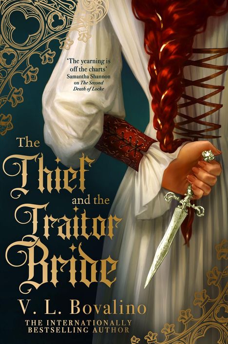 „The Thief and the Traitor Bride“ von V.L. Bovalino. Eine Frau hält einen Dolch, ihr rotes Haar ist geflochten.