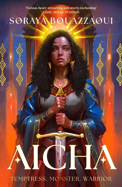 Titel: "Aicha." Untertitel: "Temptress. Monster. Warrior." Frau mit Schwert, leuchtender Aura, traditionelle Muster.