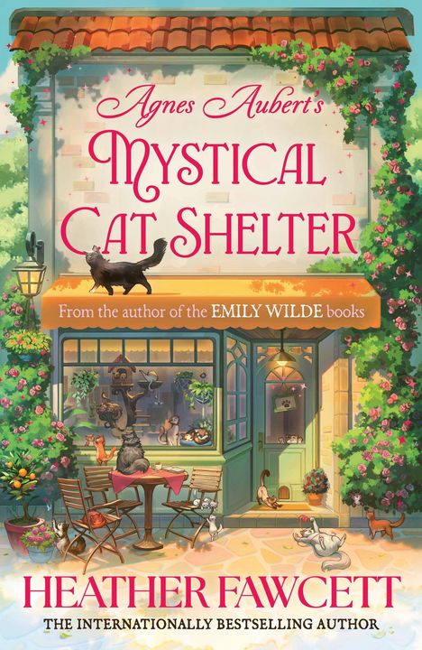 "Agnes Aubert's Mystical Cat Shelter" steht über einem gemütlichen Café mit Katzen, umgeben von Blumendekorationen.