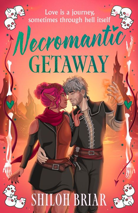 "Love is a journey, sometimes through hell itself. Necromantic Getaway. Illustration: Paar in fantasievoller Landschaft."