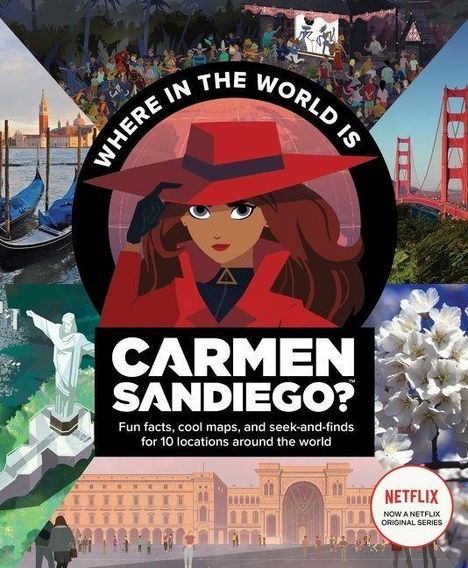 "WHERE IN THE WORLD IS CARMEN SANDIEGO?" Illustration der Frau in rotem Mantel und Hut, umgeben von globalen Sehenswürdigkeiten.