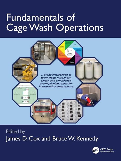 "Fundamentals of Cage Wash Operations" erscheint oben. Fotos von Ausrüstung und Diagrammen auf blauem Hintergrund.