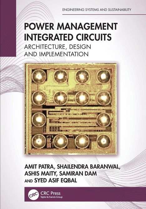 "Power Management Integrated Circuits" Buchcover mit technischem Muster und Autorenliste. Strukturierte Linien im Hintergrund.